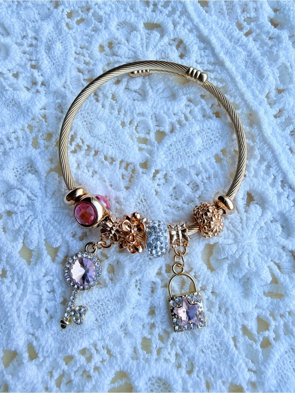 New! Gold Bracelet with Pink and Clear Crystal Charms